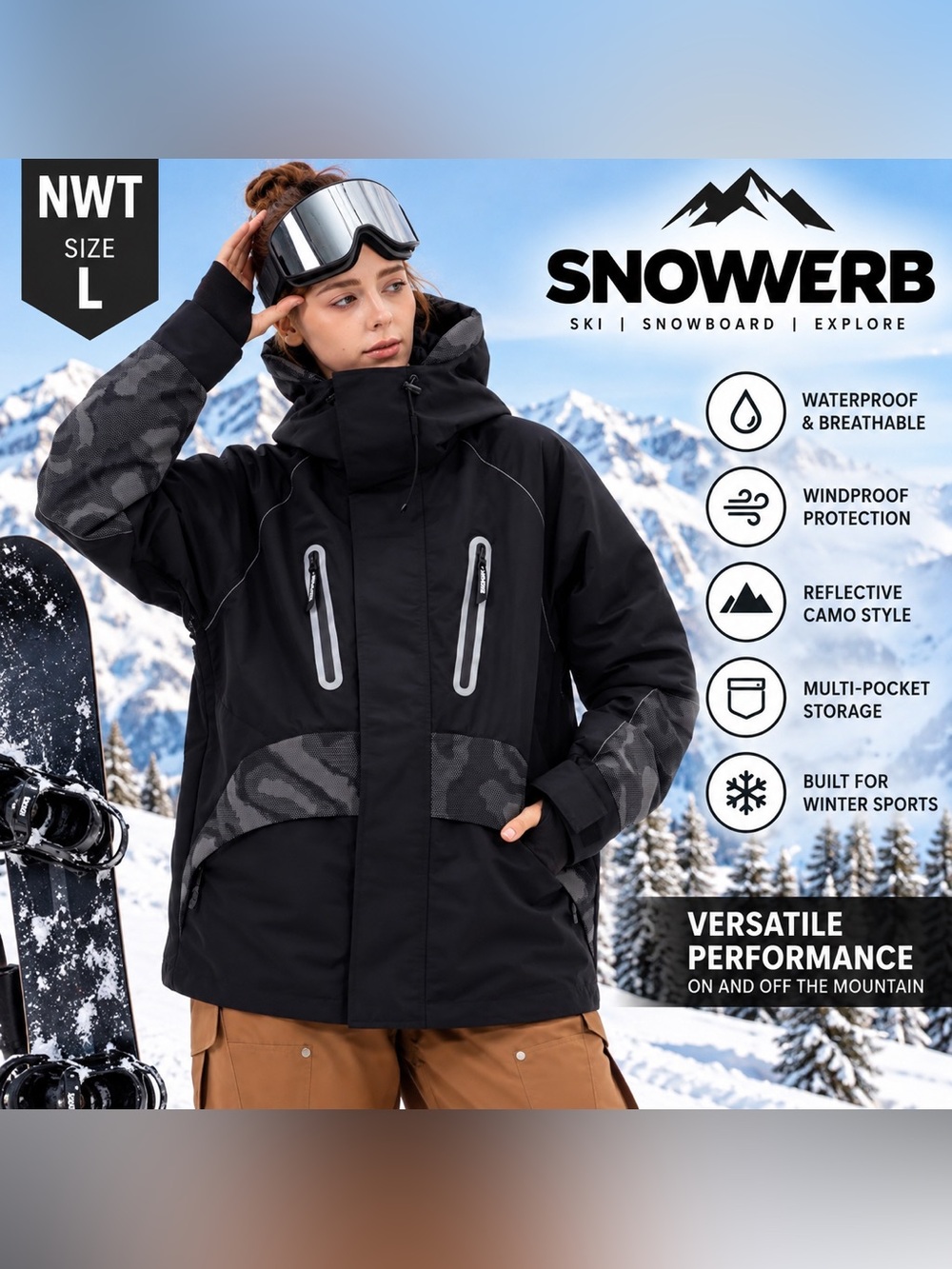 NWT SNOWVERB Black Reflective Camo Ski Snowboard Jacket Size L Large unisex